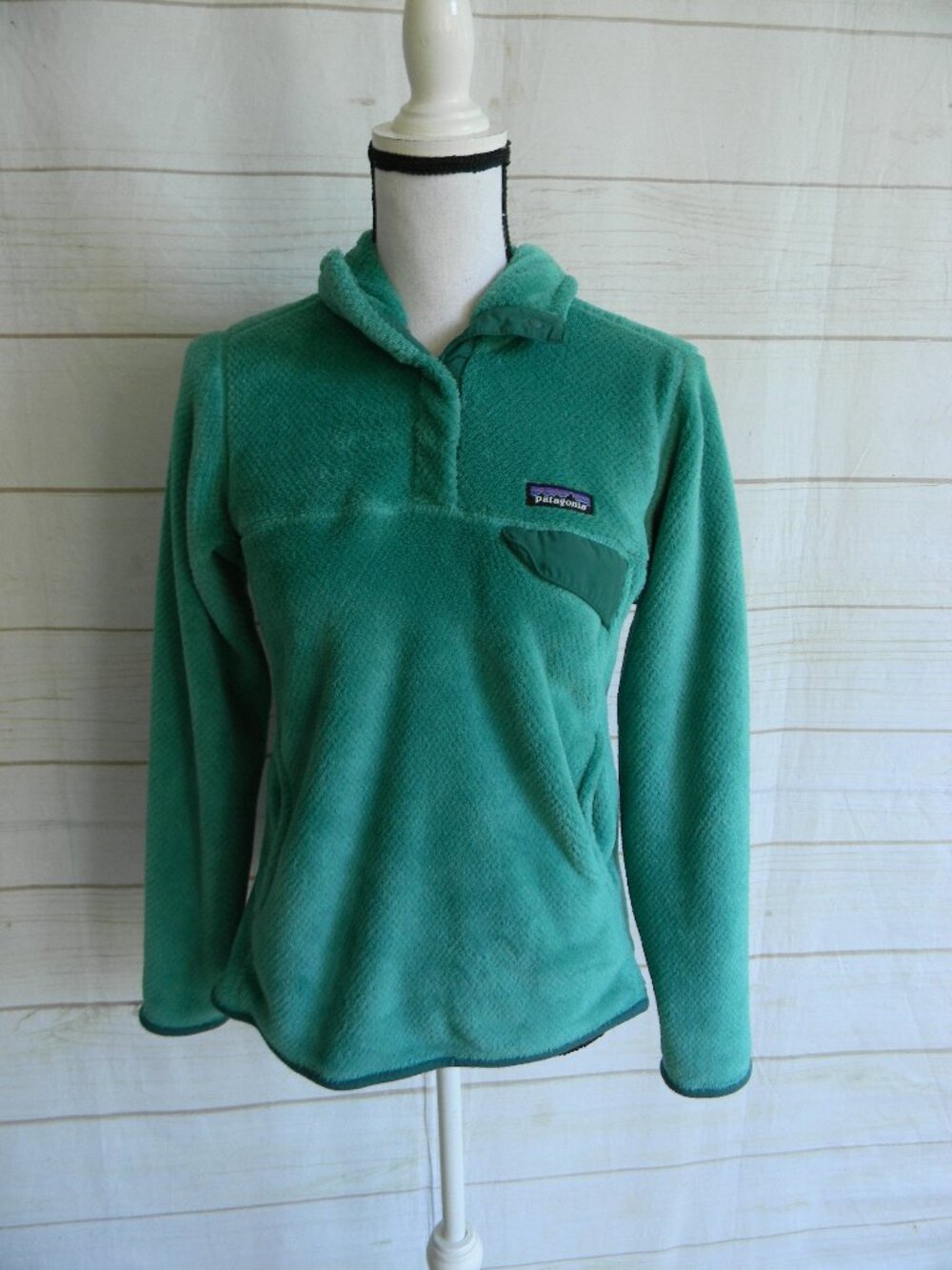 PATAGONIA WM'S TEAL GREEN FLEECE SNAP PULLOVER SWEATSHIRT POCKETS SZ S LOGO